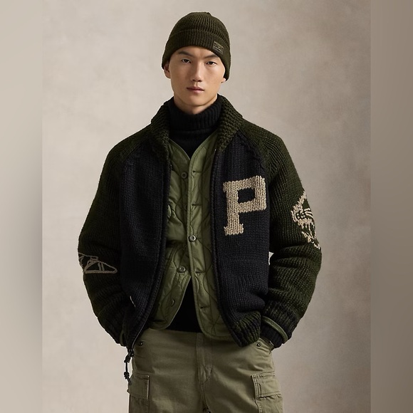 POLO RALPH LAUREN Wool Shawl-Collar Cardigan Black Olive Combo Men’s Size Large - Picture 6 of 11